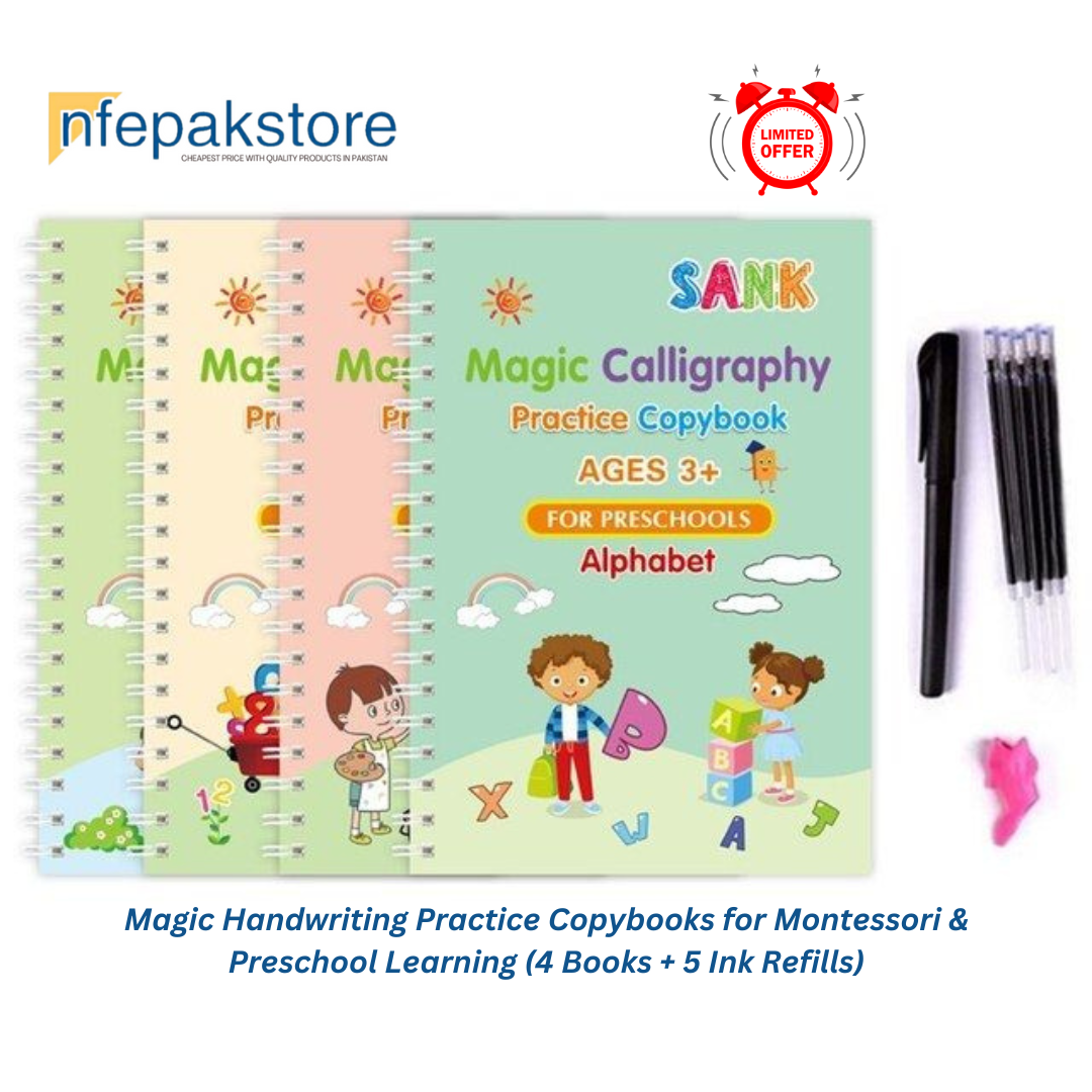 Magic Handwriting Practice Copybooks for Montessori & Preschool Learning (4 Books + 5 Ink Refills)