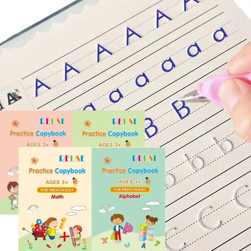 Magic Handwriting Practice Copybooks for Montessori & Preschool Learning (4 Books + 5 Ink Refills)